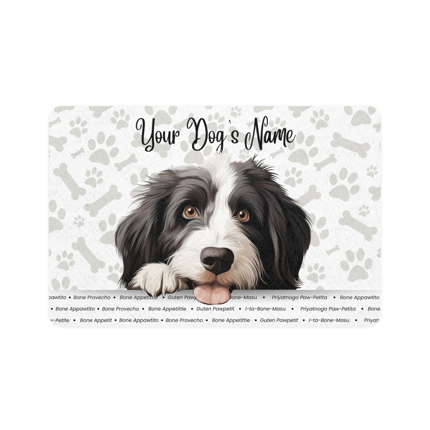 Bearded Collie Personalized Pet Food Mat | Custom Dog Feeding Mat | Dog Food Bowl Mat | Pet Placemat | Puppy Gift | Bone Design