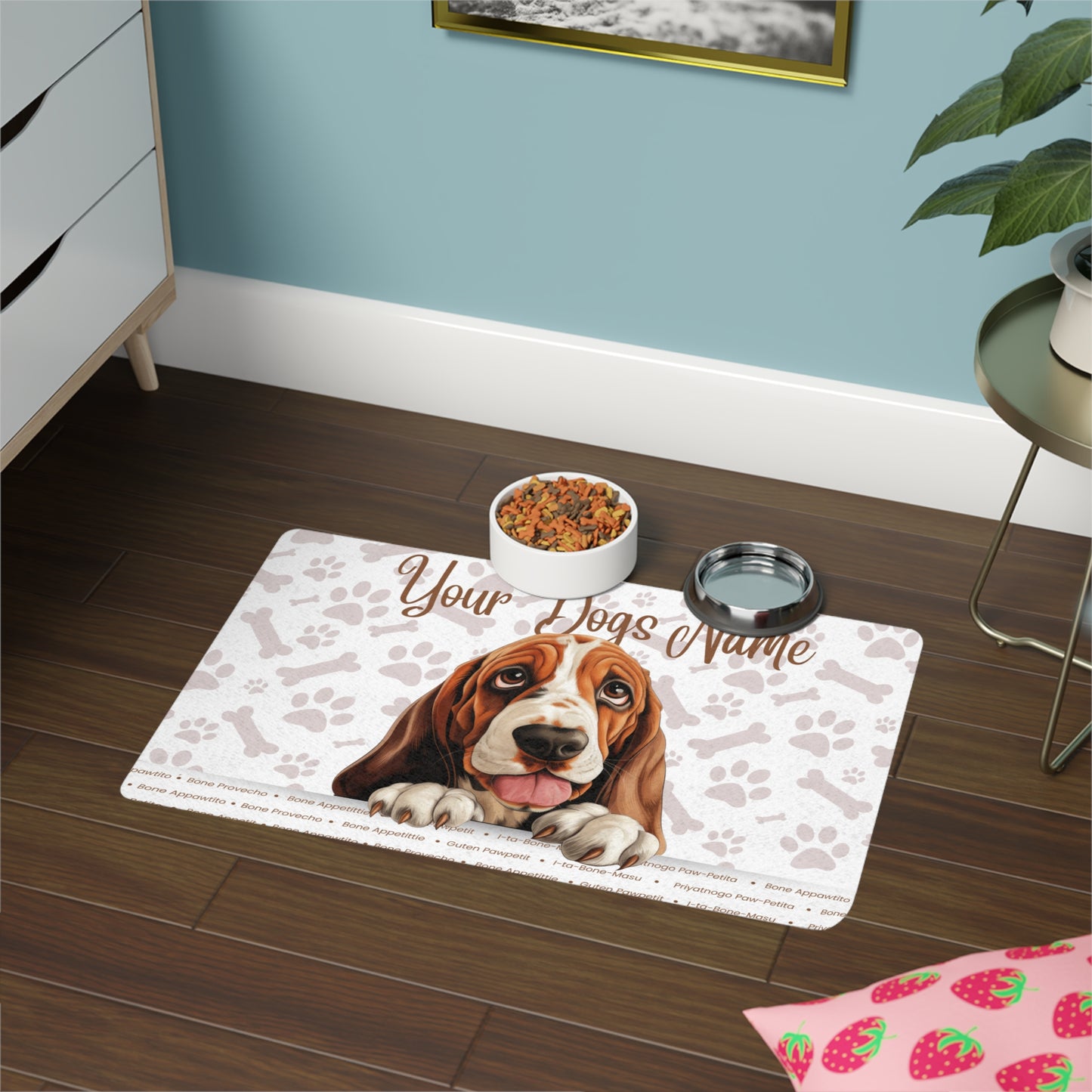 Bassett Hound Custom Pet Food Mat for Dogs, Personalized Dog Feeding Mat, Dog Lover Gift, Pet Bowls, Cute Dog Decor, Paw Print Design