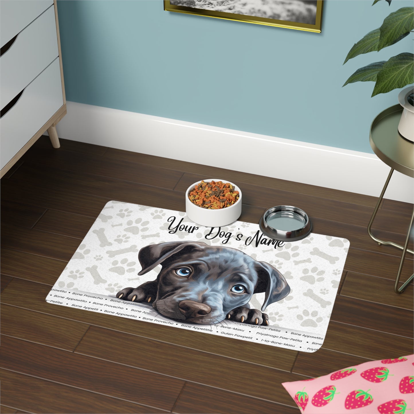 Blue Lacy Pet Feeding Mat with Custom Name | Dog Food Mat | Personalized Pet Accessories | Stylish Dog Mat | Paw Print Design