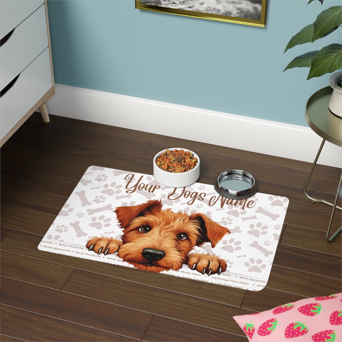 Irish Terrier Personalized Pet Food Mat, Custom Dog Feeding Station, Cute Animal Mat, Dog Accessory Gift, Paw Print Design, Pet Lover Gift