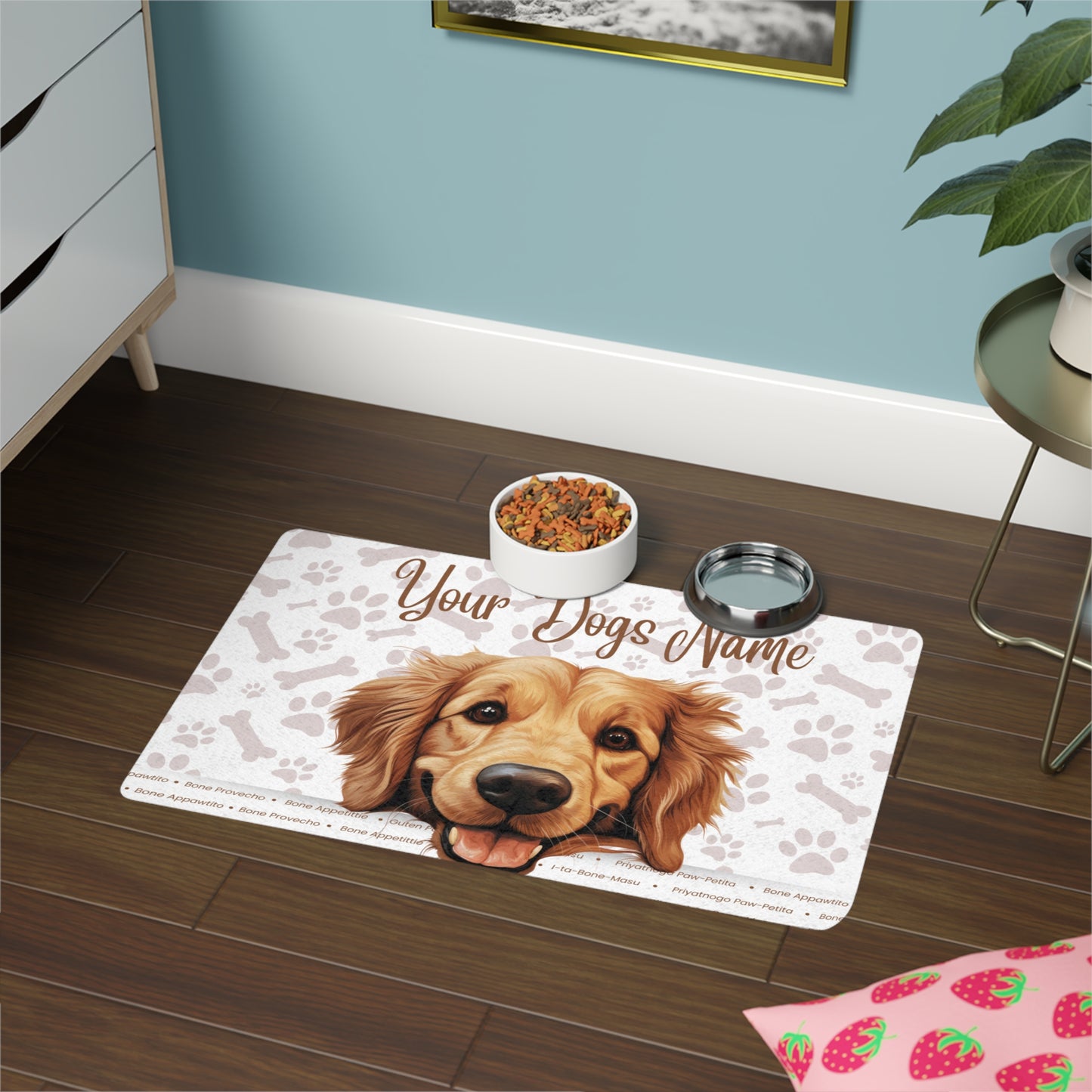 Golden Retriever Personalized Pet Food Mat, Custom Dog Feeding Mat, Cute Dog Design, Pet Lover Gift, Dog Bowls, Cat Mats