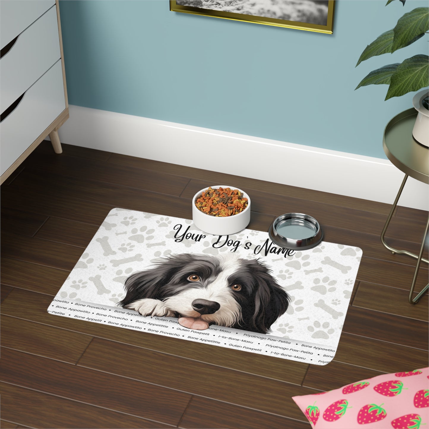 Bearded Collie Personalized Pet Food Mat | Custom Dog Feeding Mat | Dog Food Bowl Mat | Pet Placemat | Puppy Gift | Bone Design