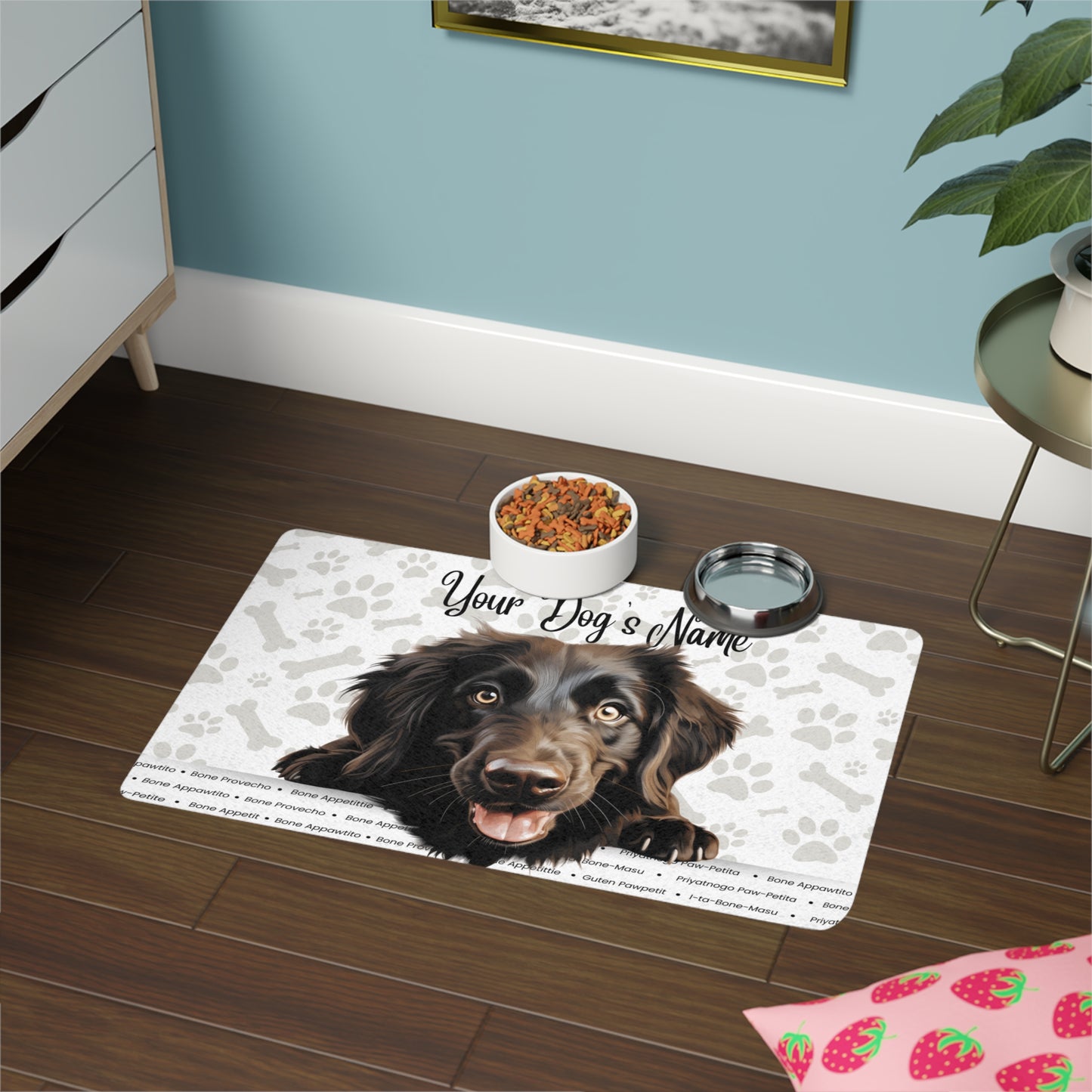 Flat Coated Retriever Personalized Pet Food Mat with Dog Design, Customizable Feeding Mat, Dog Lover Gift, Pet Accessory, Kitchen Decor