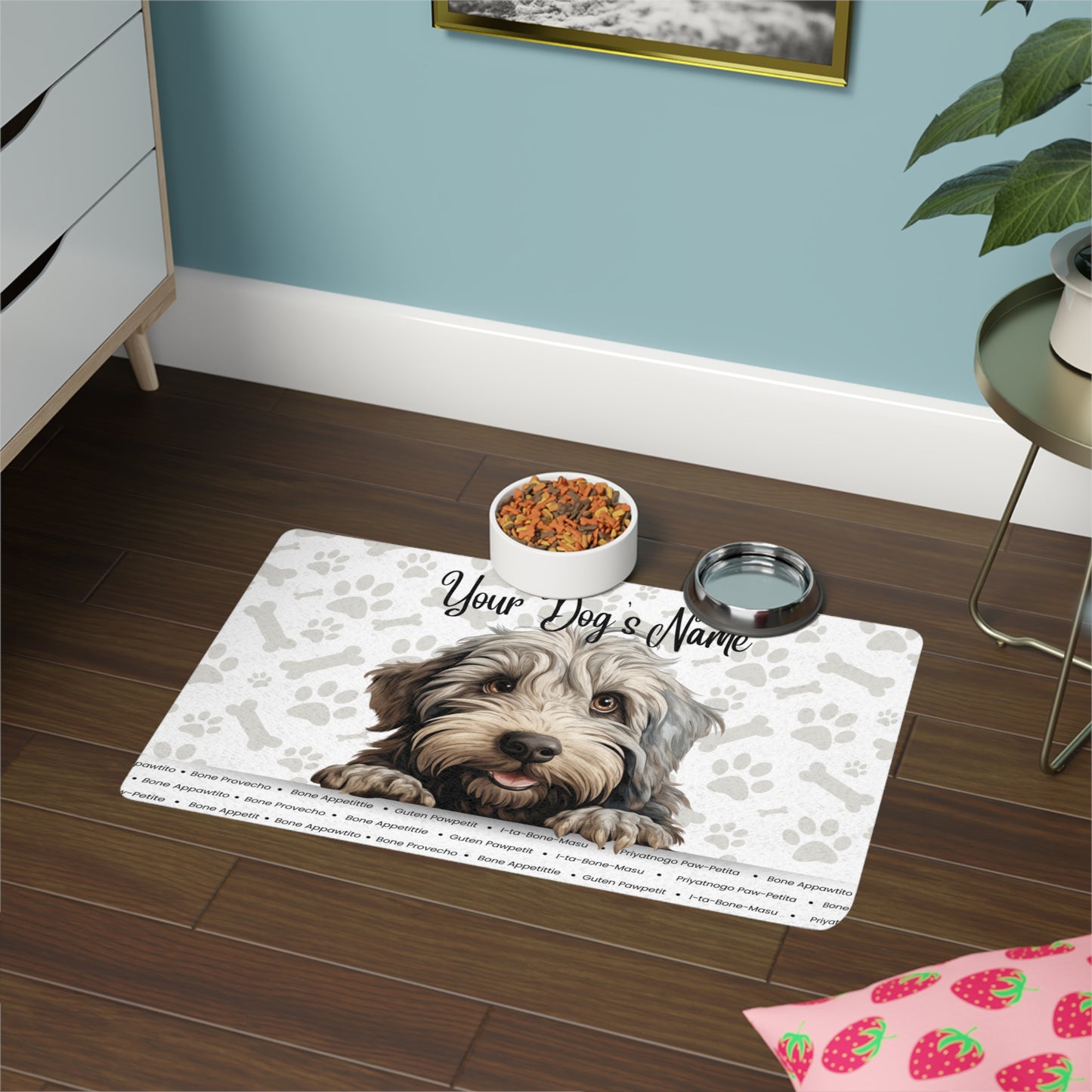 Bergamasco Personalized Pet Food Mat with Custom Dog Name, Dog Lover Gift, Dog Feeding Station, Decor for Pet Area, Pet Lover Decor