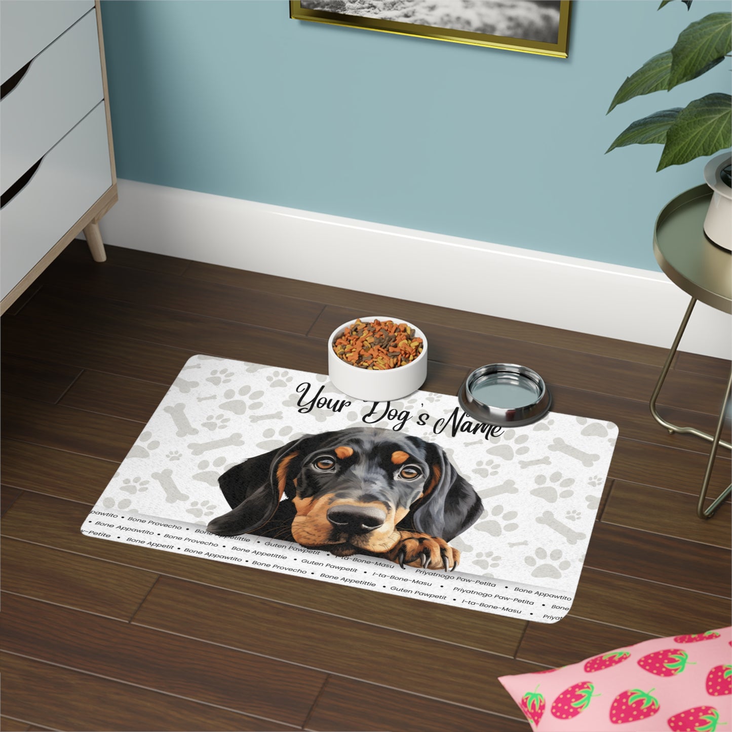 Black and Tan Coonhound Personalized Pet Food Mat with Custom Name, Dog Feeding Mat, Pet Bowl Mat, Customizable Dog Mat, Dog Lover Gift, Pet Accessory