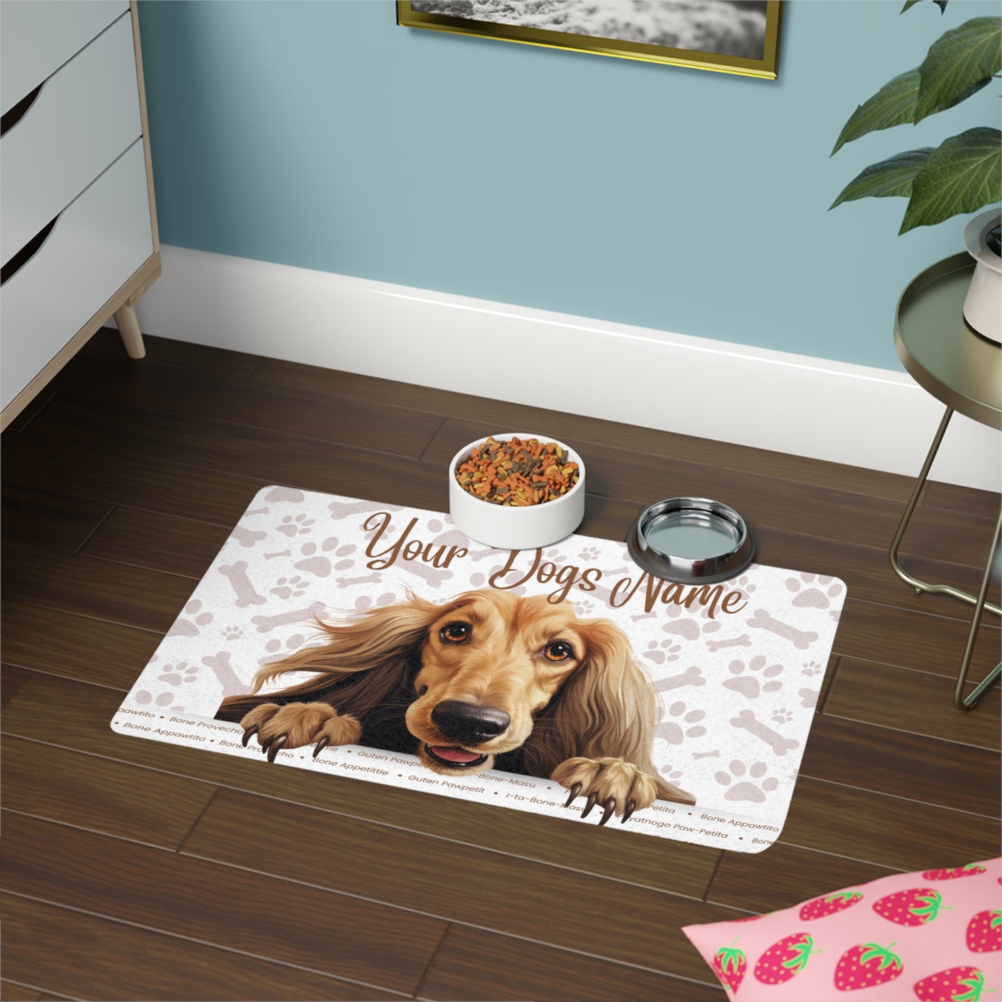Afghan Hound Personalized Pet Food Mat, Custom Dog Mat, Dog Feeding Station, Paw Print Design, Gift for Pet Lovers, Dog Name Mat