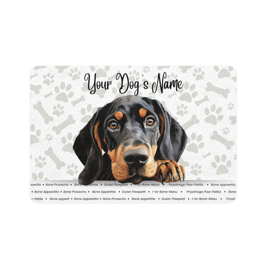 Black and Tan Coonhound Personalized Pet Food Mat with Custom Name, Dog Feeding Mat, Pet Bowl Mat, Customizable Dog Mat, Dog Lover Gift, Pet Accessory