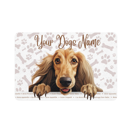 Afghan Hound Personalized Pet Food Mat, Custom Dog Mat, Dog Feeding Station, Paw Print Design, Gift for Pet Lovers, Dog Name Mat