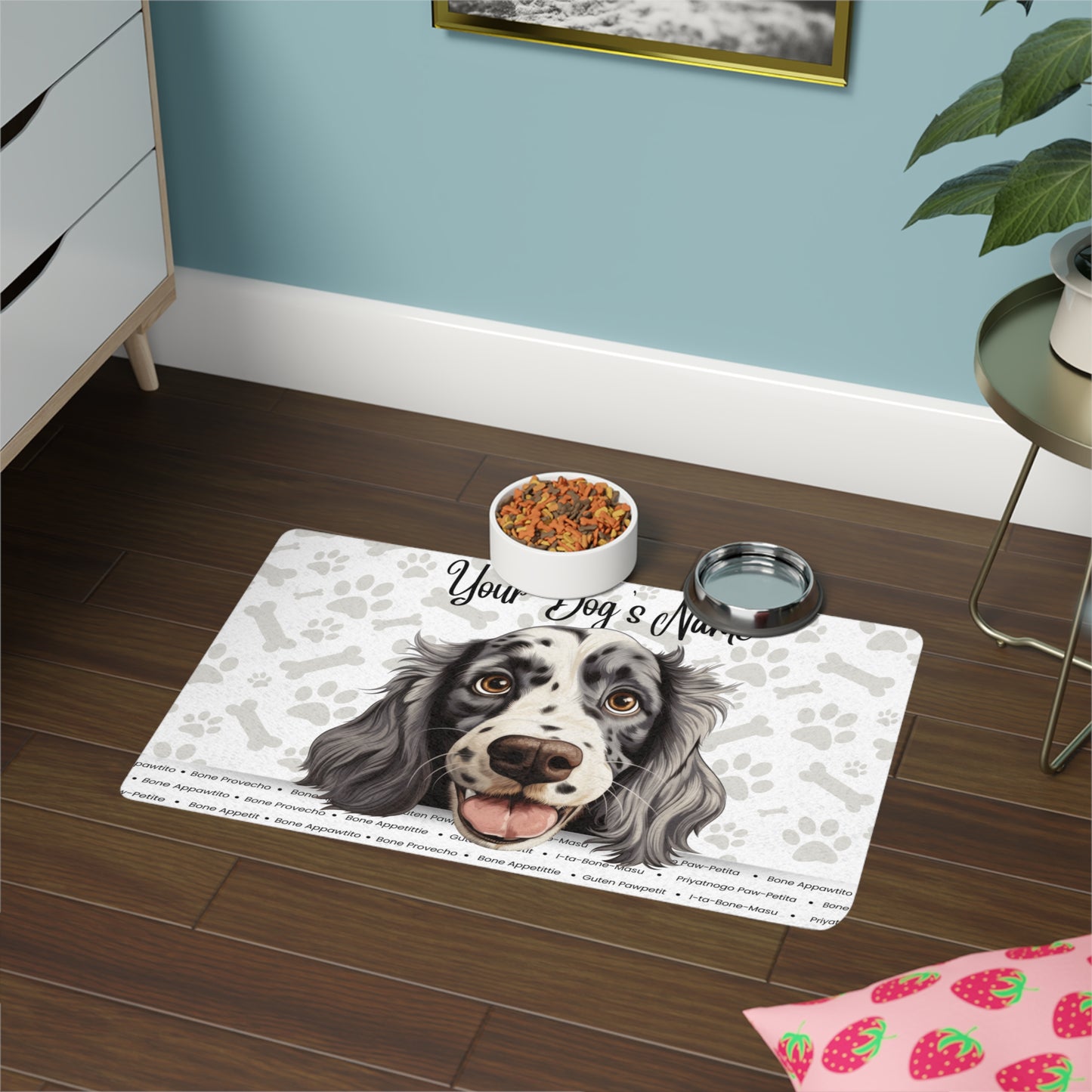 English Setter Personalized Pet Food Mat, Dog Feeding Mat, Custom Pet Bowl Mat, Dog Lover Gift, Dog Kitchen Decor, Animal Paw Print Design