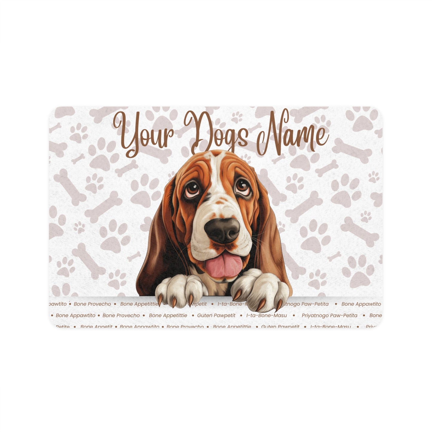 Bassett Hound Custom Pet Food Mat for Dogs, Personalized Dog Feeding Mat, Dog Lover Gift, Pet Bowls, Cute Dog Decor, Paw Print Design