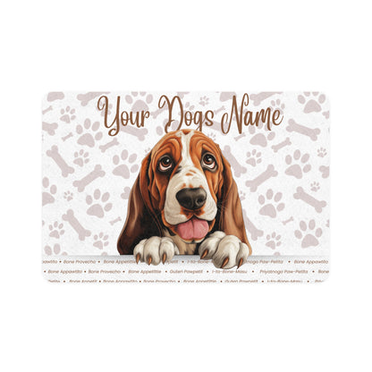 Bassett Hound Custom Pet Food Mat for Dogs, Personalized Dog Feeding Mat, Dog Lover Gift, Pet Bowls, Cute Dog Decor, Paw Print Design