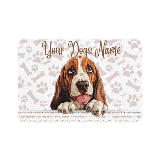Bassett Hound Custom Pet Food Mat for Dogs, Personalized Dog Feeding Mat, Dog Lover Gift, Pet Bowls, Cute Dog Decor, Paw Print Design
