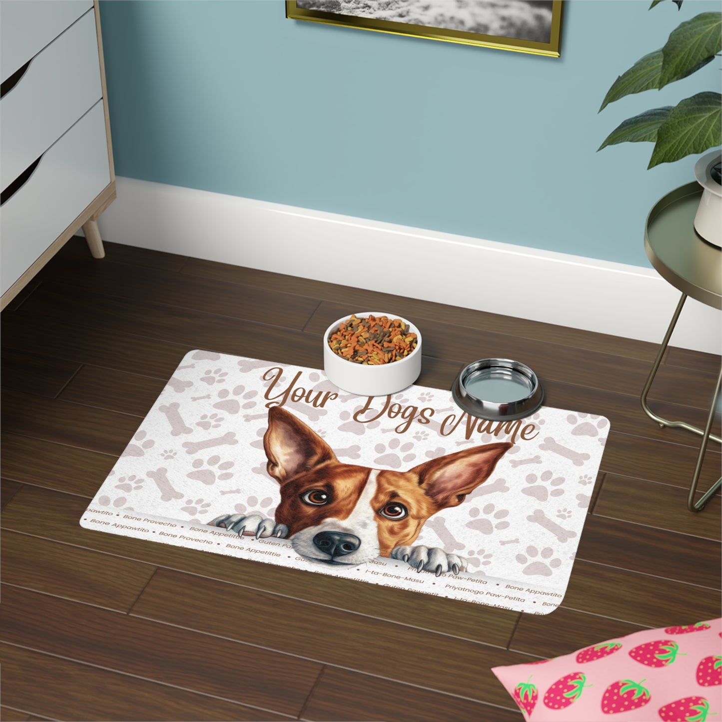 Basenji Personalized Pet Food Mat - Custom Dog Place Mat with Your Dog's Name, Dog Food Mat, Cute Pet Mat, Paw Print Design, Dog Accessory