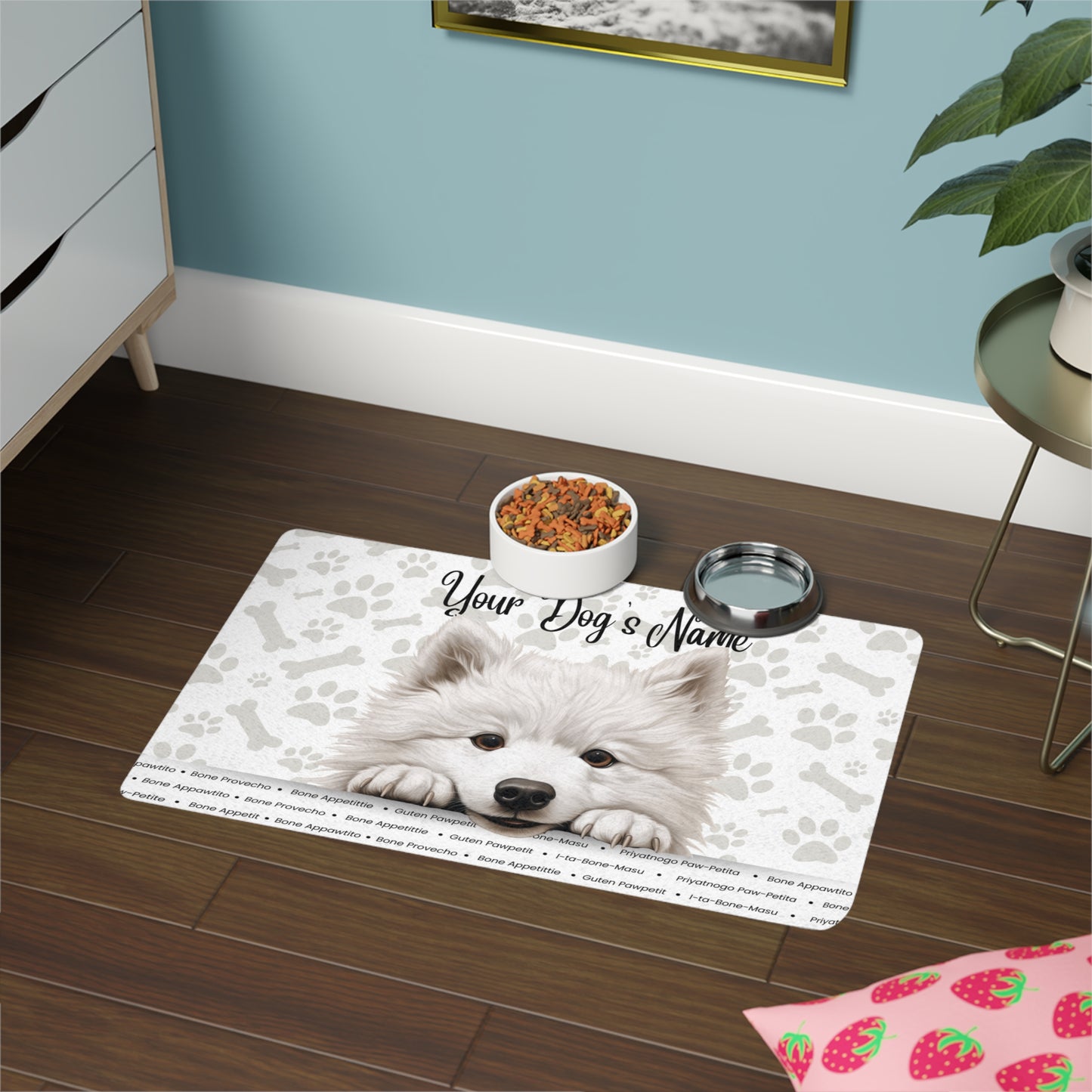 Samoyed Personalized Pet Food Mat, Custom Dog Food Mat, Dog Feeding Mat, Cute Pet Mat, Dog Lovers Gift