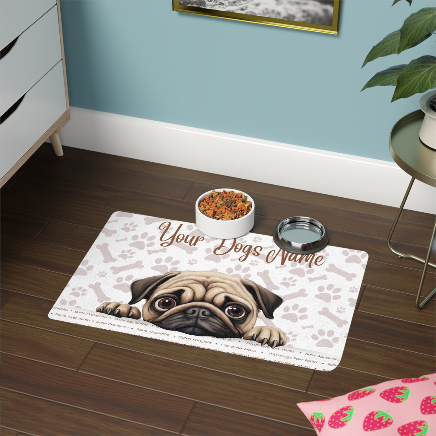 Pug Personalized Pet Food Mat, Custom Dog Food Mat, Dog Feeding Mat, Cute Pet Mat, Dog Lovers Gift