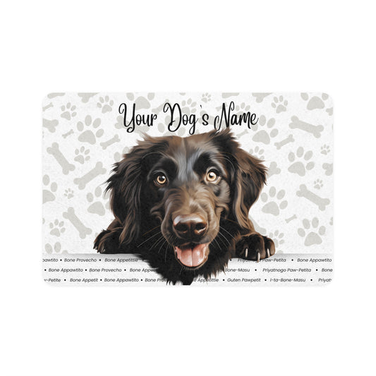 Flat Coated Retriever Personalized Pet Food Mat with Dog Design, Customizable Feeding Mat, Dog Lover Gift, Pet Accessory, Kitchen Decor